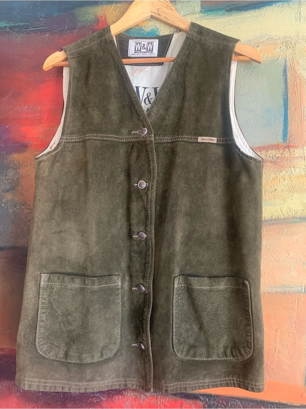 Vintage Olive Green Washable Suede Vest, Sz M